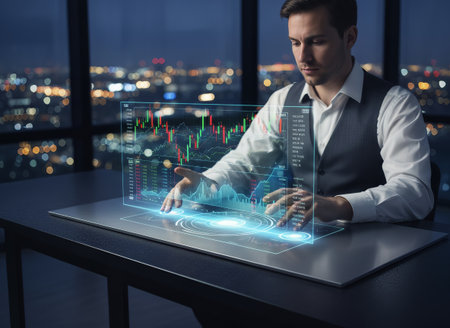 A businessman is actively engaging with a futuristic holographic interface, performing detailed financial data analysis. This advanced technology facilitates strategic investment decisions for futureの素材