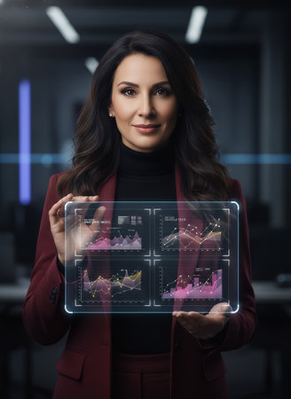 A professional businesswoman holds a modern digital tablet showcasing future data analysis and interactive graphs. This technology display offers valuable business insights for strategic planning.の素材