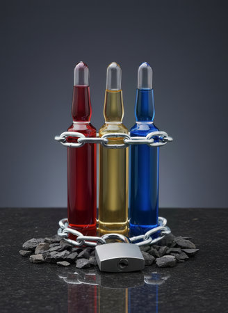Three colorful medical ampoules are tightly secured with a metal chain and padlock, symbolizing restricted access to medication or controlled substances. This still life conveys concepts of security aの素材