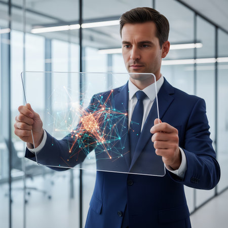 A focused businessman holds a transparent screen displaying a complex digital data network. This innovative device is used for advanced data analysis and strategic planning in a modern office environmの素材