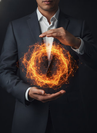 A businessman in a professional suit holds a glowing, intricate network sphere between his hands. This image represents concepts of data protection, global connectivity, and future technology.の素材