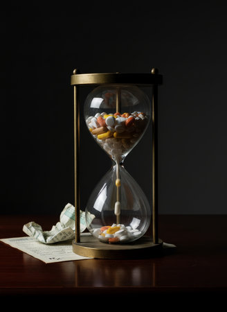 An hourglass is filled with colorful pills, symbolizing the passage of time in relation to medicine and healthcare. A crumpled prescription and money add to the conceptual theme of medical urgency andの素材