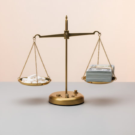 A vintage golden balance scale weighs a stack of currency notes against a pile of white pills. This visual metaphor represents the intricate relationship between health, money, and medical expenses.の素材