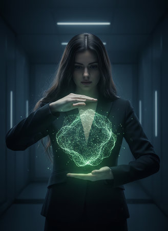 A focused businesswoman holds and interacts with a glowing green digital network, symbolizing advanced technology and future innovation. This image represents data control, intelligence, and virtual cの素材