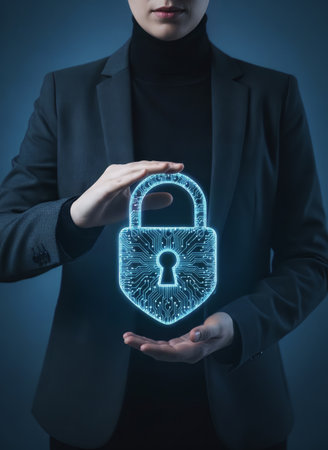 A professional in a suit holds a glowing digital padlock representing cybersecurity and data protection. This image signifies secure online transactions and privacy.の素材