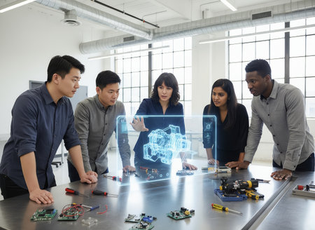 A diverse group of engineers is collaborating on a holographic 3D design projected onto a table in a modern engineering lab. They are discussing innovative technology and product development.の素材