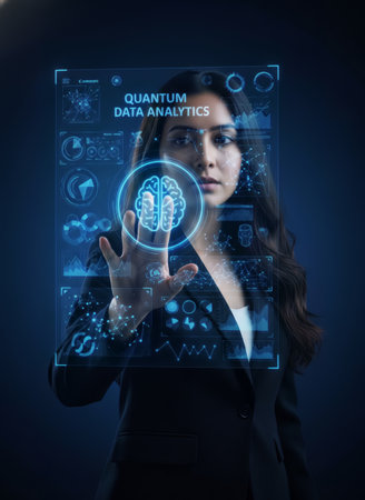 A focused woman interacts with a futuristic quantum data analytics holographic interface, showcasing advanced technology and digital innovation.の素材