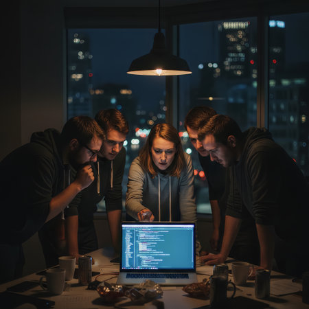 A focused development team works intently on a software project during a late night coding session. They collaborate around a laptop screen, brainstorming solutions in a modern office with city lightsの素材