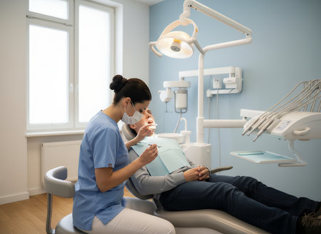 A professional dentist performs a routine dental exam on a male patient in a modern dental clinic. The healthcare setting is bright and clean, emphasizing comprehensive oral care.の素材