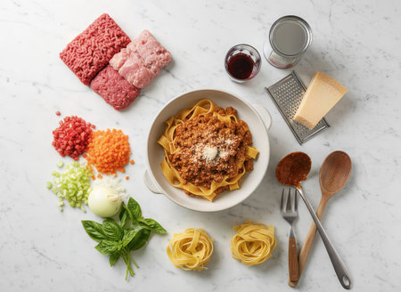 An overhead flat lay of fresh ingredients for authentic Bolognese sauce surrounding a finished bowl of tagliatelle pasta on a white marble surface. This vibrant arrangement showcases the process of prの素材
