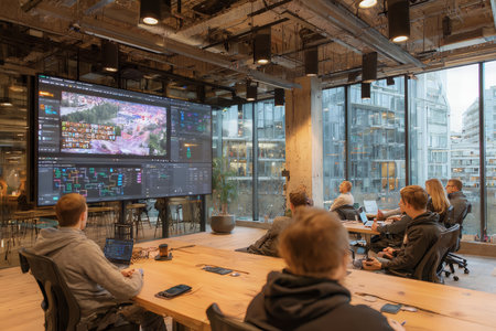 Modern professionals gather in an open-plan office, intently observing data visualizations on a large multi-screen display. The team is engaged in collaborative analysis and problem-solving.の素材
