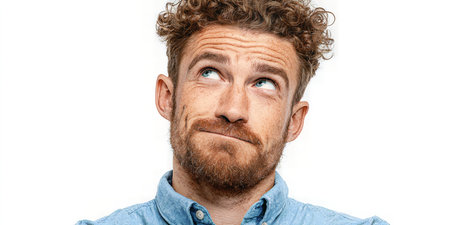 A thoughtful young man with curly hair and a beard looks up with a curious and pondering expression. His furrowed brow and slightly pursed lips convey deep thought or uncertainty.の素材
