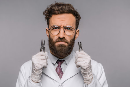 A bearded man wearing a lab coat and glasses holds two dental instruments with a puzzled expression. He appears to be contemplating a difficult task or procedure.の素材