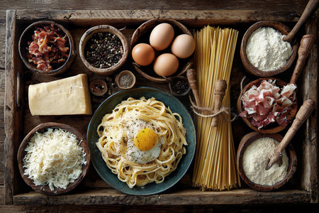A rustic wooden tray displays fresh ingredients for making classic Italian Carbonara pasta. Cooked pasta with an egg, raw spaghetti, various cheeses, bacon, and spices are artfully arranged.の素材