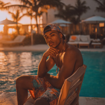 A young man sits contemplatively by a swimming pool at a tropical resort during golden hour. He is enjoying a serene summer vacation moment.の素材