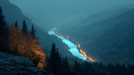 An atmospheric view of a misty mountain valley at night, showcasing a glowing river winding through a dense forest. Warm autumn trees illuminate the foreground, contrasting with the cool blue hues ofの素材