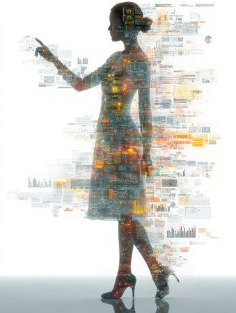 A digital silhouette of a woman is filled with a mosaic of data and technology, pointing as if interacting with an unseen interface. This abstract representation symbolizes the integration of human coの素材
