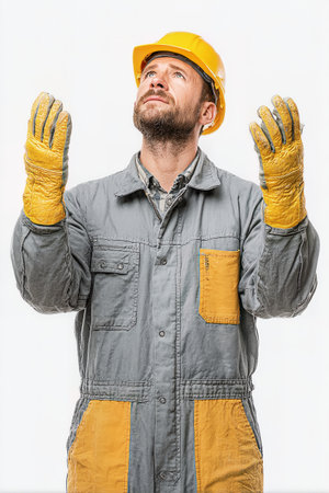A focused tradesman in a yellow hard hat and grey jumpsuit looks upward with open hands, perhaps observing an overhead task or checking progress. He is wearing protective gloves and workwear.の素材