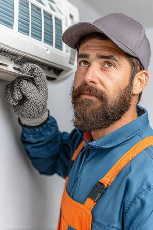 A focused male technician wearing protective gear diligently performs maintenance on an indoor air conditioner unit. His professional expertise ensures efficient cooling system function and home comfoの素材