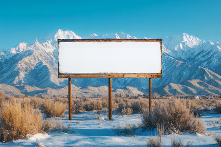 A blank advertising billboard stands prominently in a snowy desert landscape. Majestic, snow-capped mountains rise in the background under a clear blue sky, evoking a sense of tranquil solitude.の素材