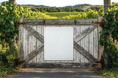 A weathered wooden gate with a prominent blank white sign stands at the entrance to a vibrant green vineyard. Rows of lush grapevines extend across rolling hills under a bright, clear sky, offering aの素材