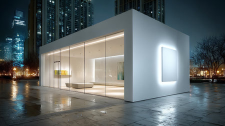 A sleek, modern art gallery building stands illuminated at night in an urban environment. The wet pavement reflects the bright architectural lighting and distant city lights, creating a sophisticatedの素材