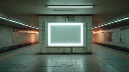 An empty, glowing billboard dominates a desolate subway platform, highlighting urban decay in an underground station. The muted, atmospheric lighting creates a lonely, mysterious ambiance.の素材