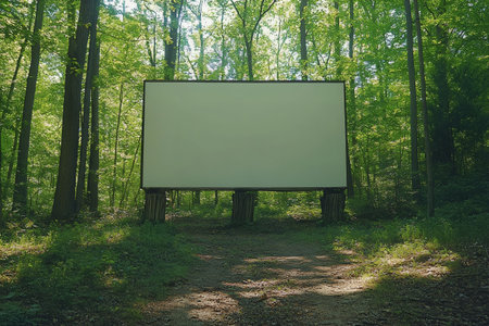 An empty advertising billboard stands deep within a lush green forest, accessible via a winding forest path. Sunlight filters through the tree canopy, illuminating the scene and highlighting its potenの素材