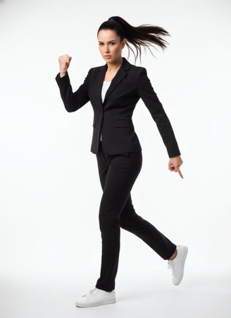 A professional young woman in a black business suit and white sneakers is shown in a dynamic running pose against a solid white background, symbolizing speed and determination.の素材