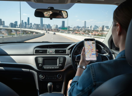 A woman holds a mobile phone with a map interface while driving on an urban highway towards a city skyline. The shot captures the interior of the vehicle and the road ahead.の素材