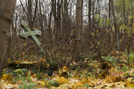 Graphic resources background image of an autumn cemetery. Background of an old cemetery strewn with autumn leaves in October. Beautiful photos of an old abandoned cemetery in the fall.の写真素材