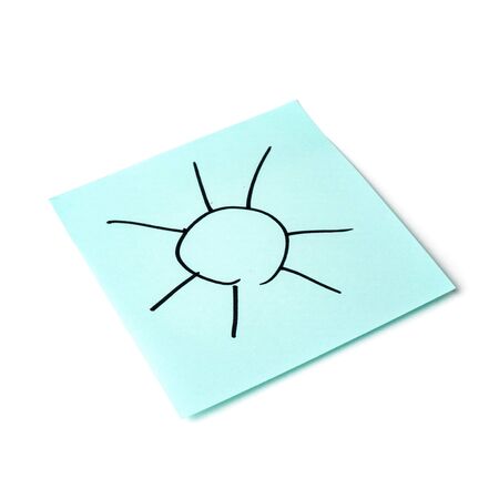 Paper sticker. Stylized image of the symbol of the sun. Isolated sticker with shadow on a white background. Sticky note. A piece of paper for notes. Self-adhesive piece of paper.の写真素材