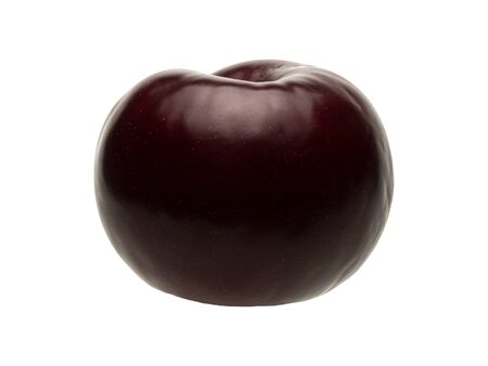 Isolated object on a white background. The shape of the plum fruit is round. Ripe drupe of lilac and violet color with a bluish coating. Autumn harvest of juicy plum fruits.の写真素材