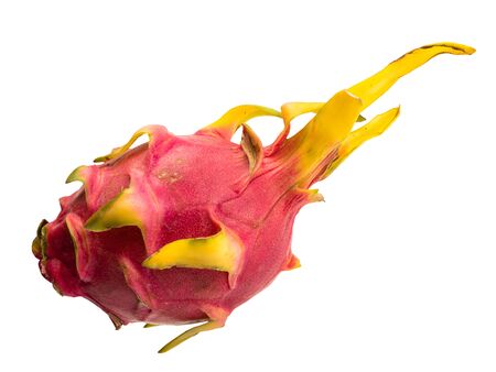 Isolated object on a white background. A pitaya or dragon fruit is the fruit of several different cactus species. Fruit is beautiful and unusual oval. Peel is pink, red and yellow.の写真素材
