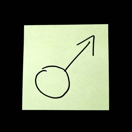 Paper sticker with the image of the symbol of masculinity. Isolated object on a black background. Paper texture. Sticky note. A piece of paper for notes. Self-adhesive piece of paper.の写真素材