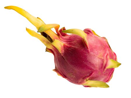 Isolated object on a white background. A pitaya or dragon fruit is the fruit of several different cactus species. Fruit is beautiful and unusual oval. Peel is pink, red and yellow.の写真素材