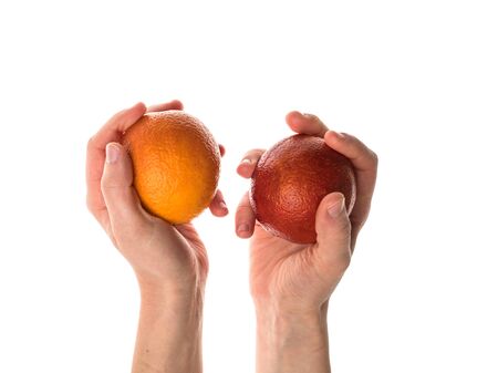The blood orange is a variety of orange with crimson, almost blood-colored flesh. Female hand holds a bloody orange. Isolated on a white background. Hand of a white woman. Detailed photo.の写真素材