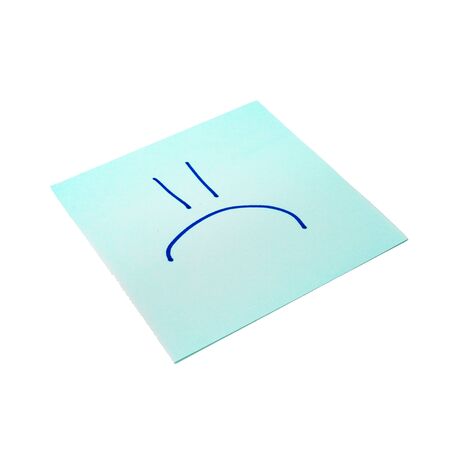 Paper sticker. Stylized image of the symbol of a sad emoticon. Isolated sticker with shadow on a white background. Sticky note. A piece of paper for notes. Self-adhesive piece of paper.の写真素材