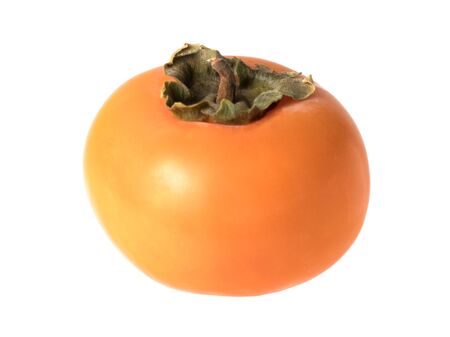 Isolated object on a white background. Persimmon has a smooth, shiny, thin peel. The color is red-orange. The fruit of the ebony. The fruit is edible and sweet.の写真素材