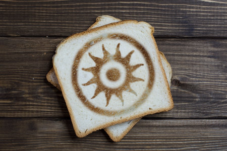 toast with the sun sign on dark wood. The wheel of life is burnt on bread.の写真素材