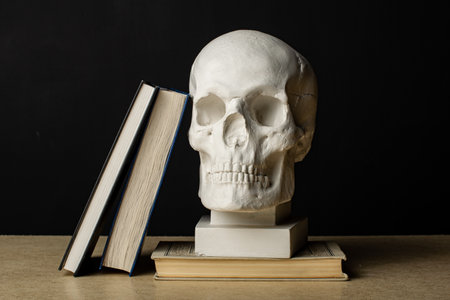 plaster skull stands on a stack of booksの写真素材