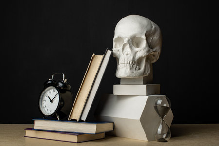 The skull stands on a plaster prism, four books lie nearby. An hourglass stands near a prism. On a stack of books there is a clock showing 10 o'clock.の写真素材