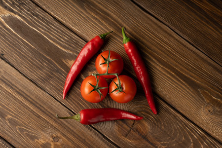 Ripe tomatoes and chili peppers lie on an oak table.の写真素材