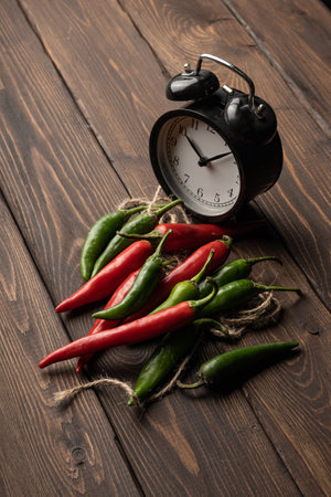 Chili pepper lies on an oak board. Behind is an alarm clock.