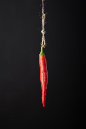 Chili pepper hanging on a rope on a black backgroundの写真素材