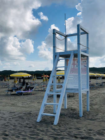 A white lifeguard tower on the beach .のeditorial素材