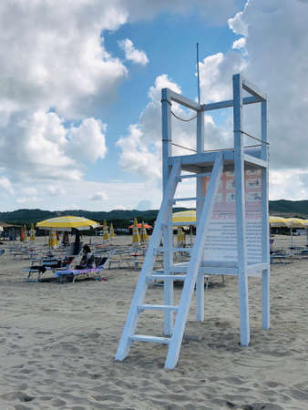 A white lifeguard tower on the beach .のeditorial素材