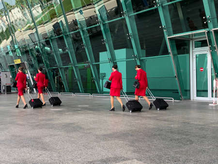 Flight attendants ,walking with her luggage, back viewのeditorial素材