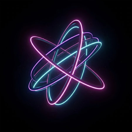 Neon atom icon on dark background. Vector illustration. Eps 10の素材