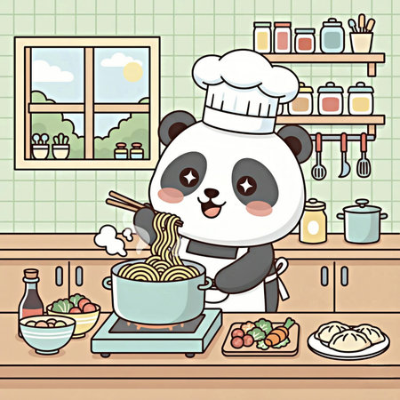 Illustration of a cute panda chef with spaghetti in the kitchenの素材